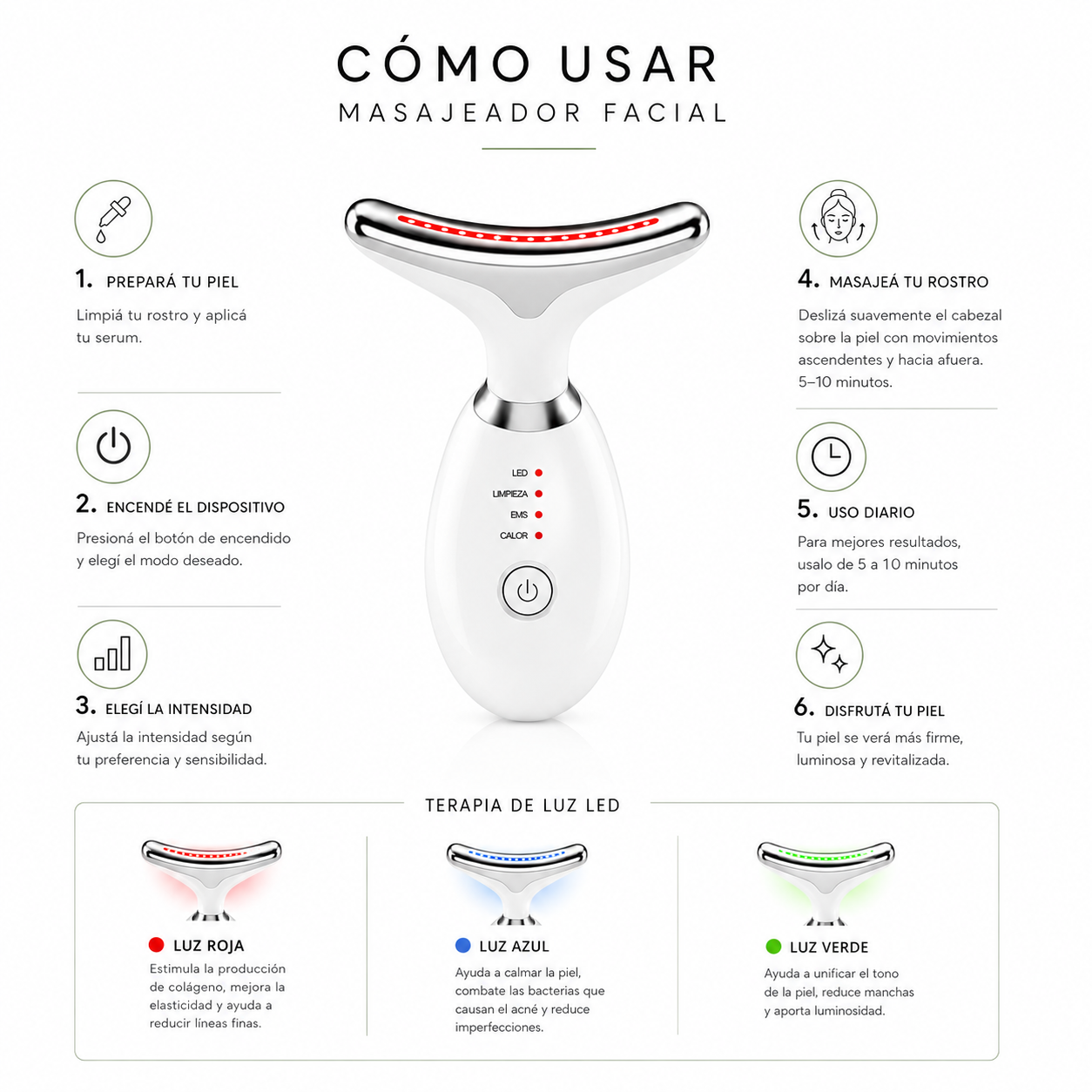 Masajeador Facial EMS Reafirmante Antiage para Papada, Rostro y Cuello